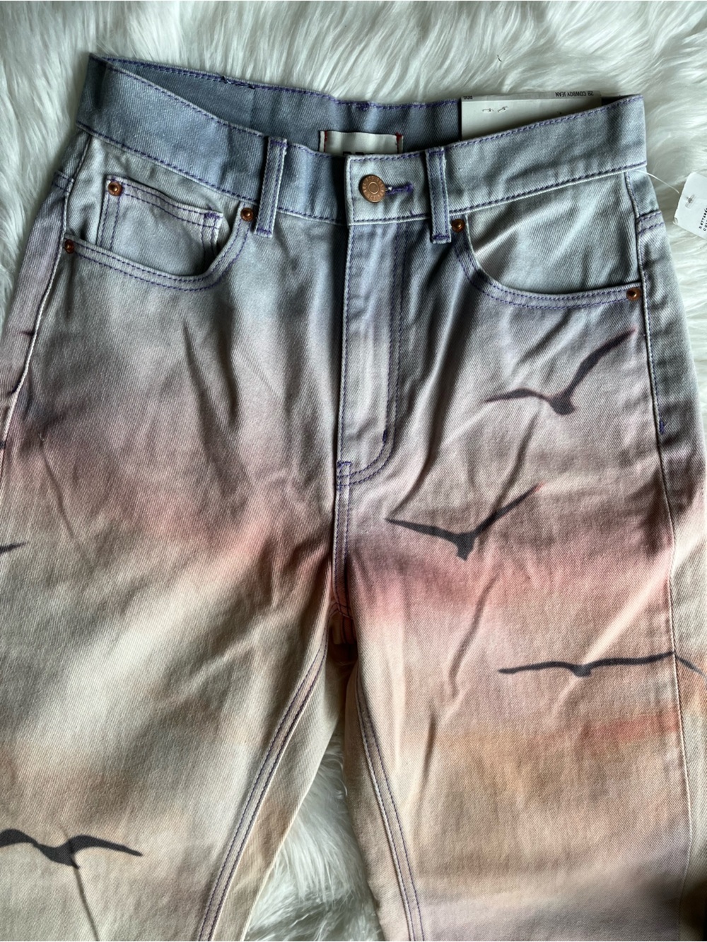 🆕 BDG URBAN OUTFITTERS JEANS 28 COWBOY JEAN SCENIC SUNSET OMBRE PASTELS SEAGULLS - Picture 6 of 12